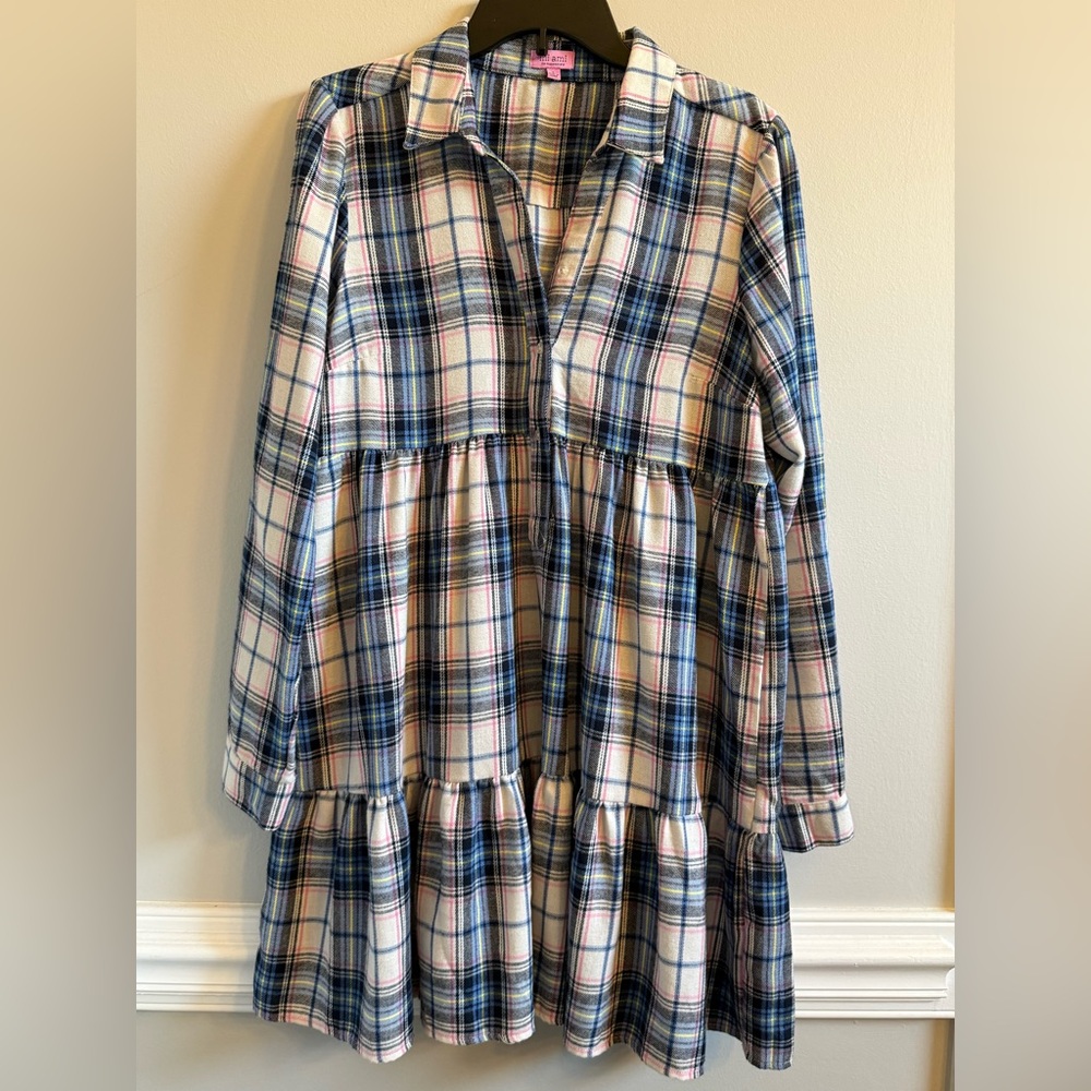 Francesca’s Mi Ami Wendy plaid tiered shirt dress in blue/pink, Large, NWOT